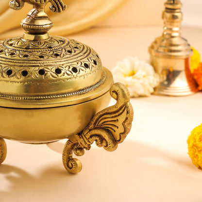 Brass Peacock Dhoop Dani & Incense Holder (7 Inch)