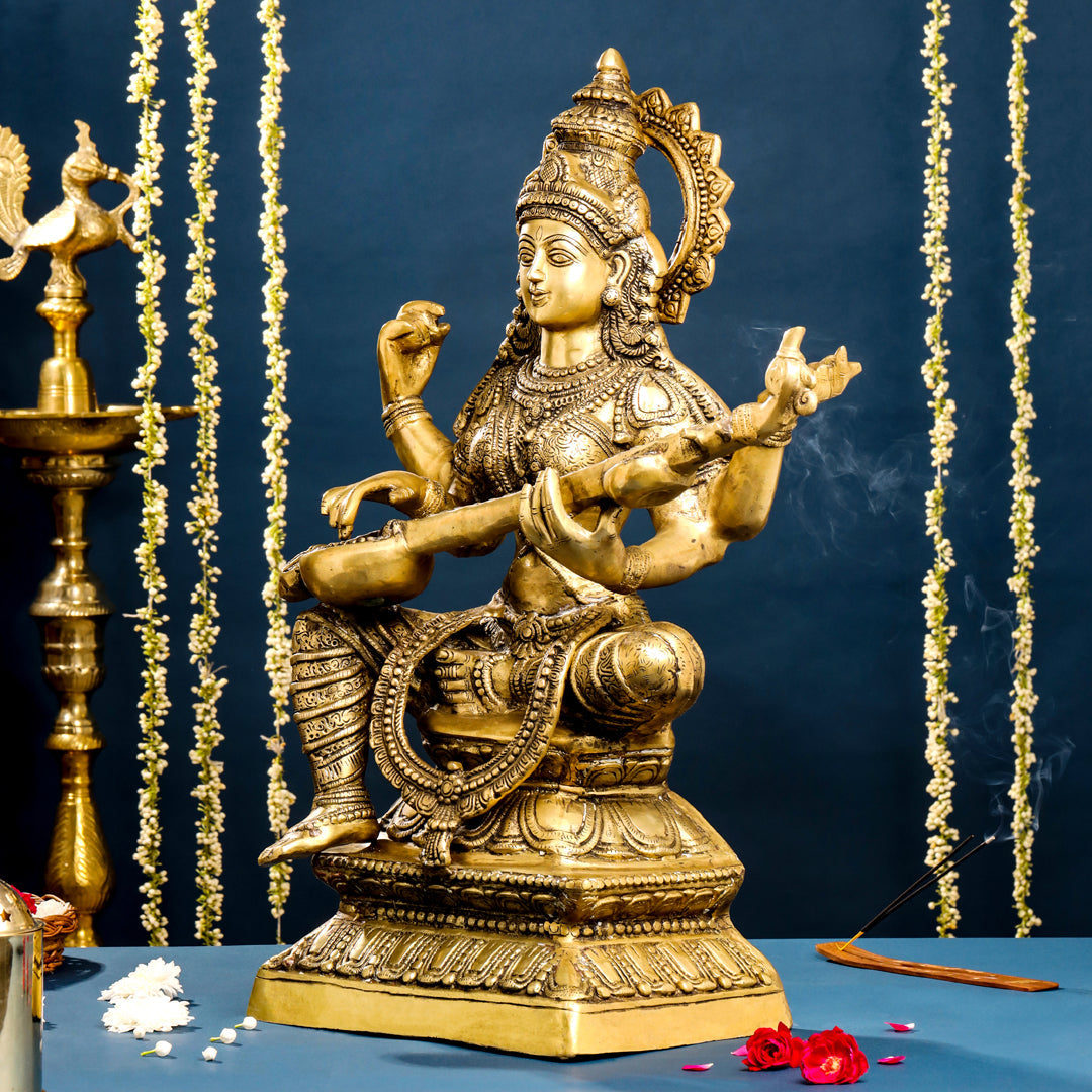 Brass Goddess Saraswati Idol (30 Inch)