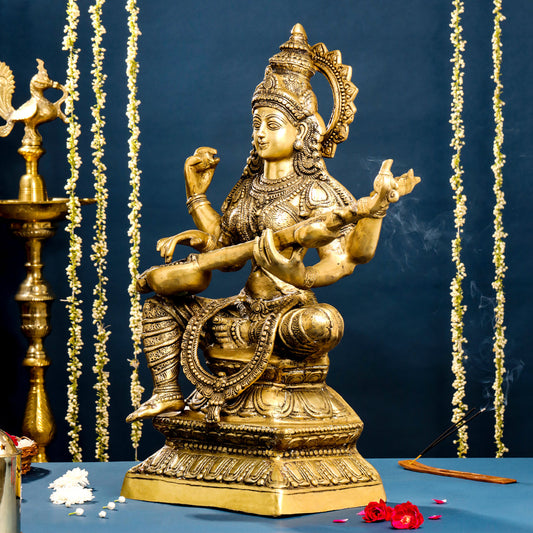 Brass Goddess Saraswati Idol (30 Inch)