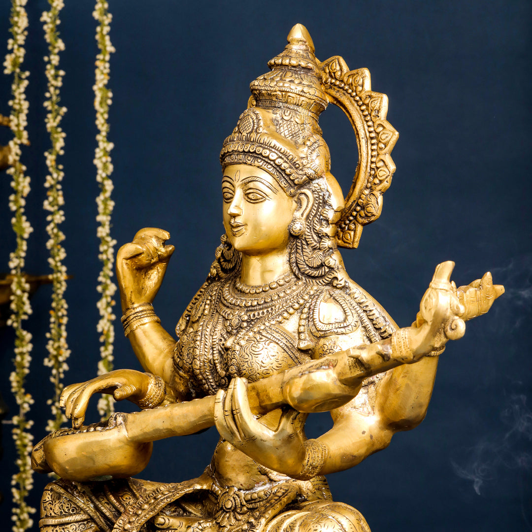 Brass Goddess Saraswati Idol (30 Inch)