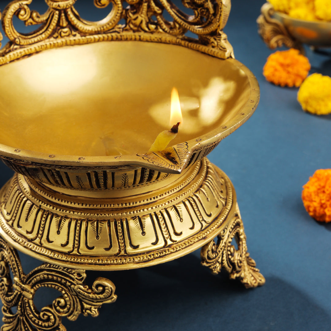 Brass Ethnic Handcarved Diya Lamp (12 Inch)