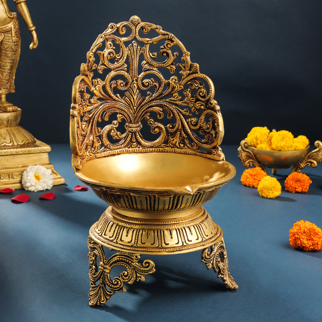 Brass Ethnic Handcarved Diya Lamp (12 Inch)