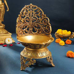 Brass Ethnic Handcarved Diya Lamp (12 Inch)