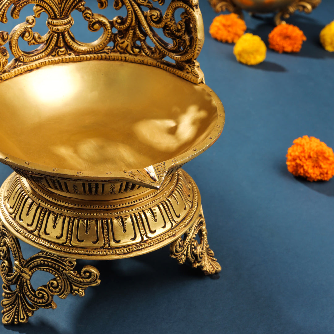 Brass Ethnic Handcarved Diya Lamp (12 Inch)