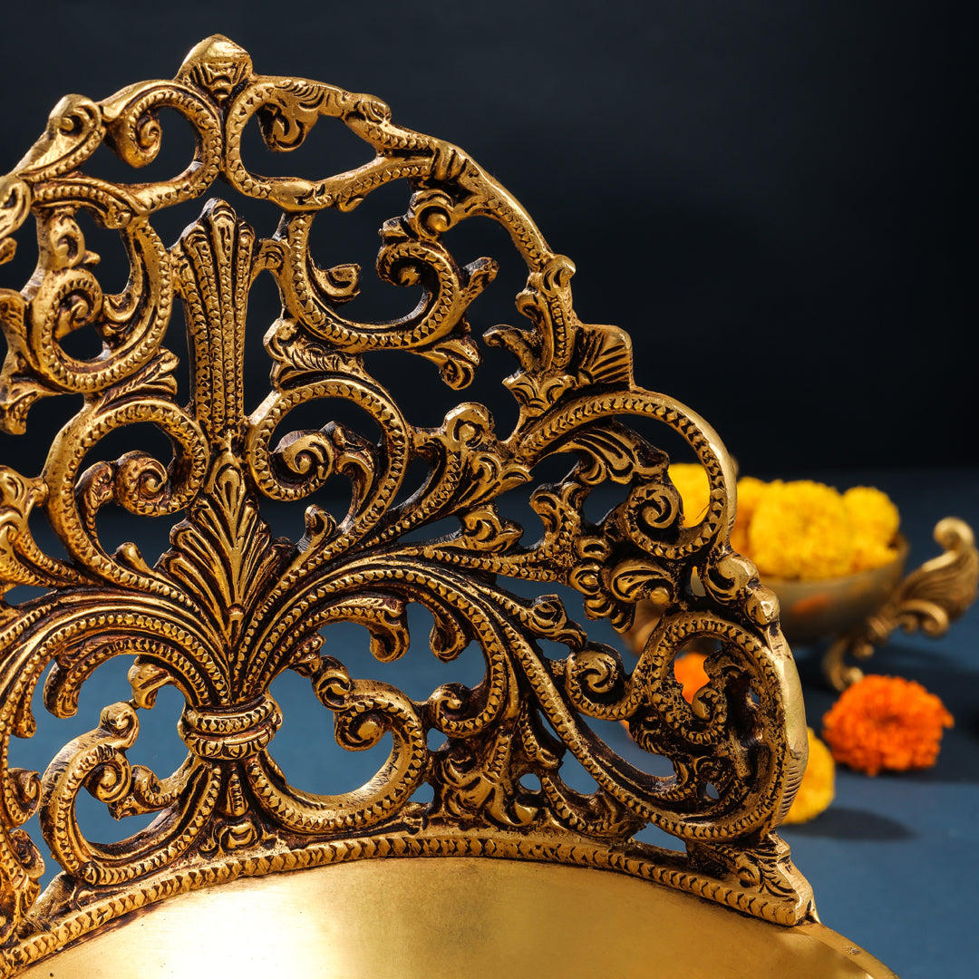 Brass Ethnic Handcarved Diya Lamp (12 Inch)