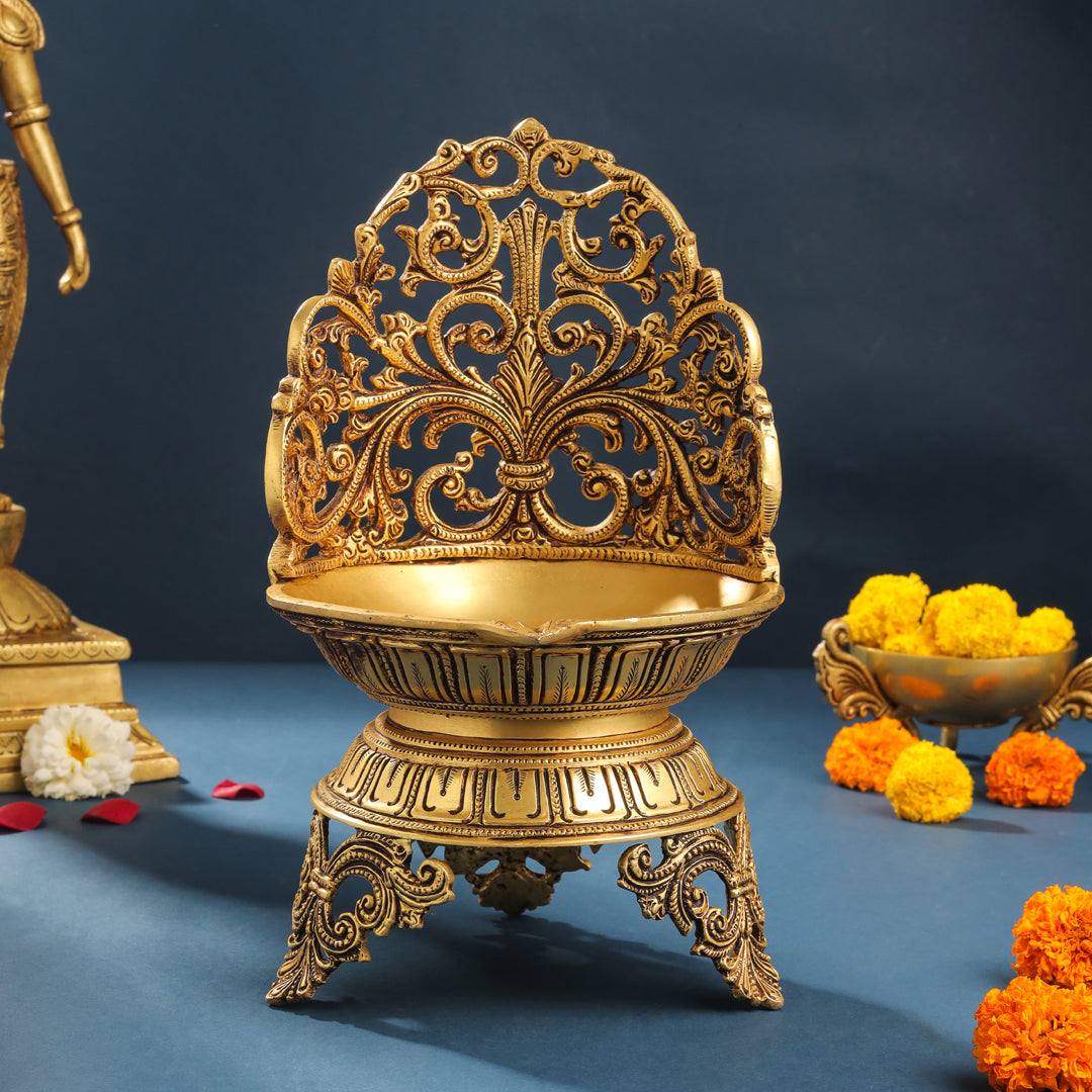 Brass Ethnic Handcarved Diya Lamp (12 Inch)