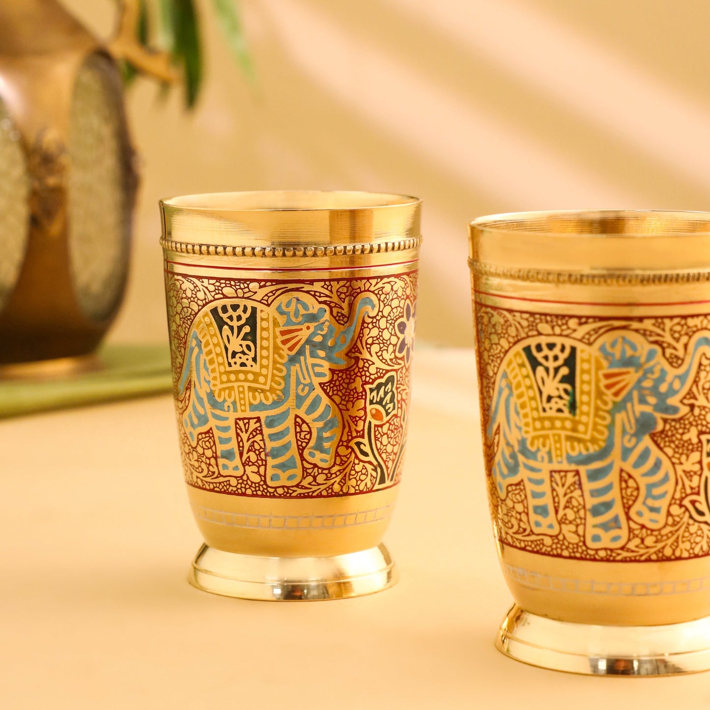 Brass Hand Painted Elephant Glass Pair (4.2 Inch)