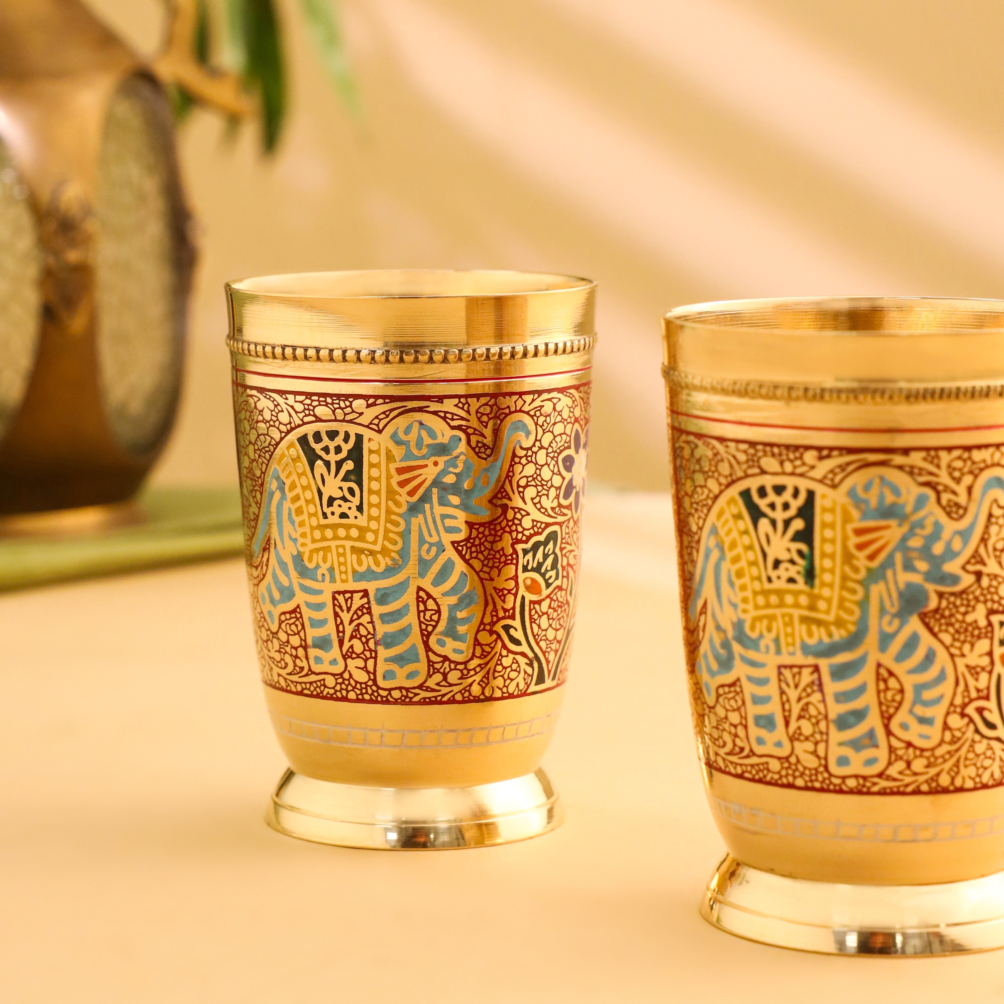 Brass Hand Painted Elephant Glass Pair (4.2 Inch)