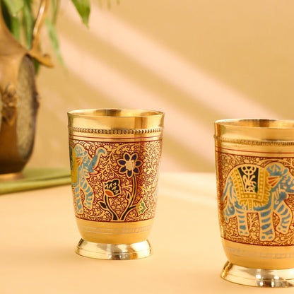 Brass Hand Painted Elephant Glass Pair (4.2 Inch)