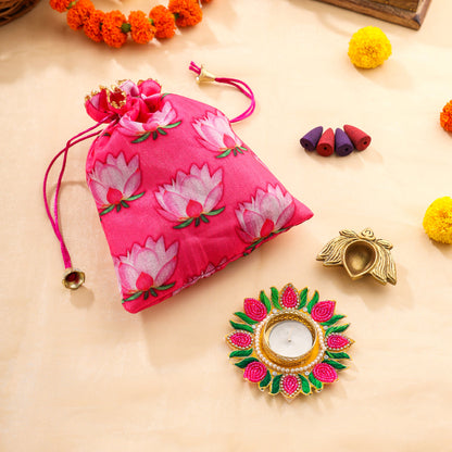 Brass Lotus Diya Festive Potli/Hamper