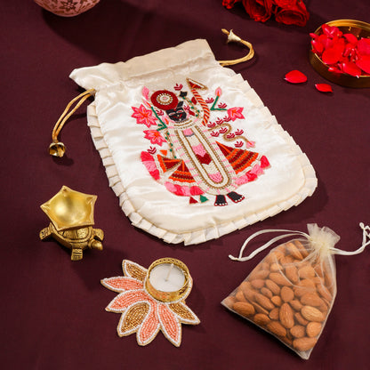 Brass Sindoor Box & Tortoise Diya Shrinathji Festive Potli/Hamper