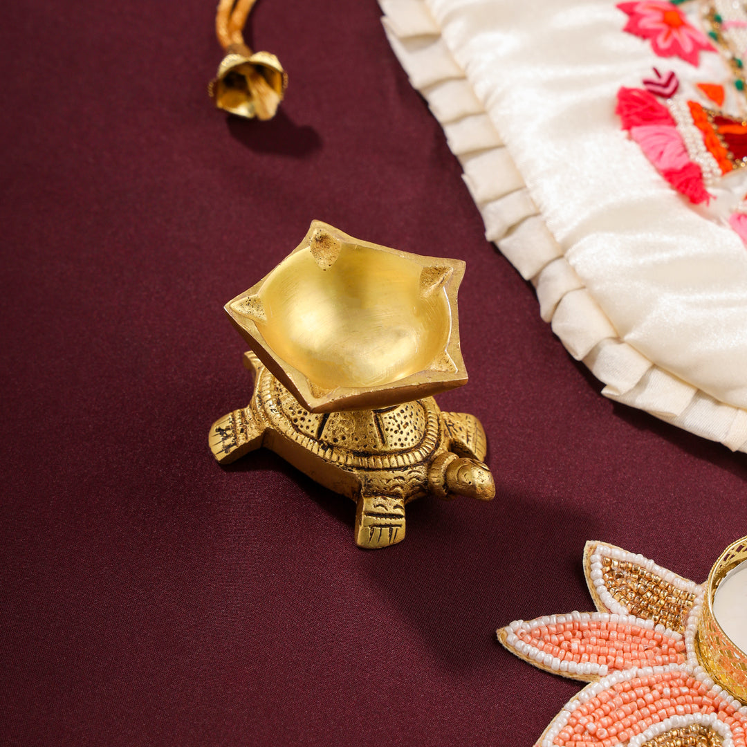 Brass Sindoor Box & Tortoise Diya Shrinathji Festive Potli/Hamper