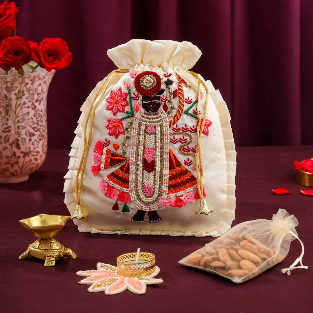 Brass Sindoor Box & Tortoise Diya Shrinathji Festive Potli/Hamper
