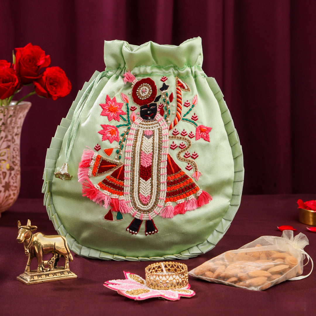 Brass Sindoor Box & Tortoise Diya Shrinathji Festive Potli/Hamper