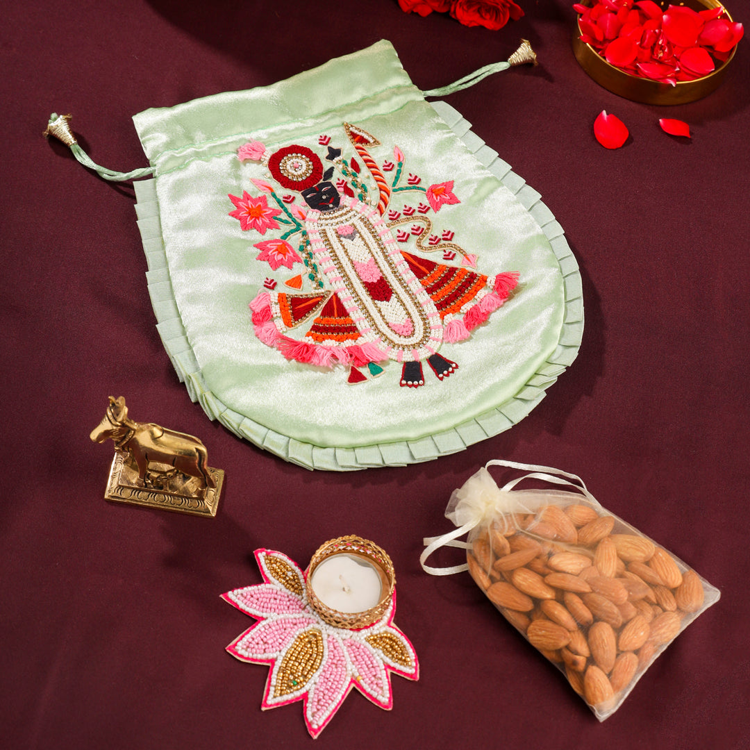 Brass Sindoor Box & Tortoise Diya Shrinathji Festive Potli/Hamper