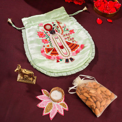 Brass Sindoor Box & Tortoise Diya Shrinathji Festive Potli/Hamper