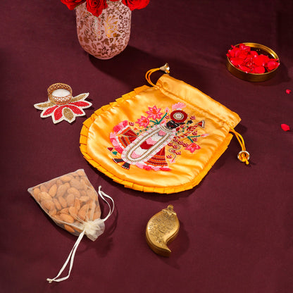 Brass Sindoor Box & Tortoise Diya Shrinathji Festive Potli/Hamper