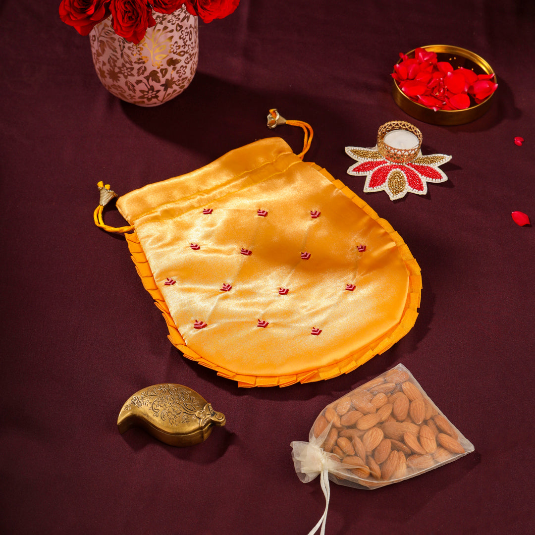 Brass Sindoor Box & Tortoise Diya Shrinathji Festive Potli/Hamper