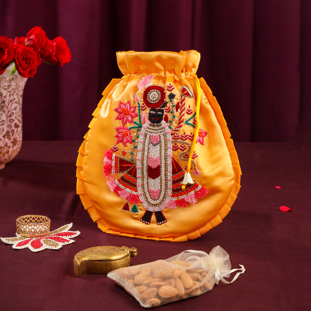 Brass Sindoor Box & Tortoise Diya Shrinathji Festive Potli/Hamper