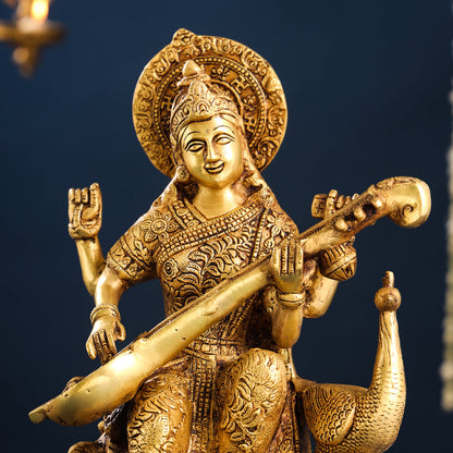 Brass Goddess Saraswati With Peacock Figurine (15 Inch)