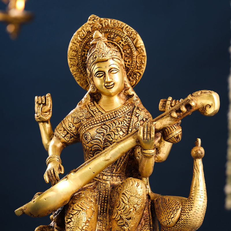 Brass Goddess Saraswati With Peacock Figurine (15 Inch)