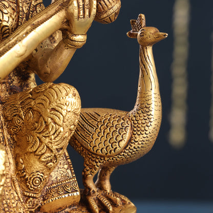 Brass Goddess Saraswati With Peacock Figurine (15 Inch)