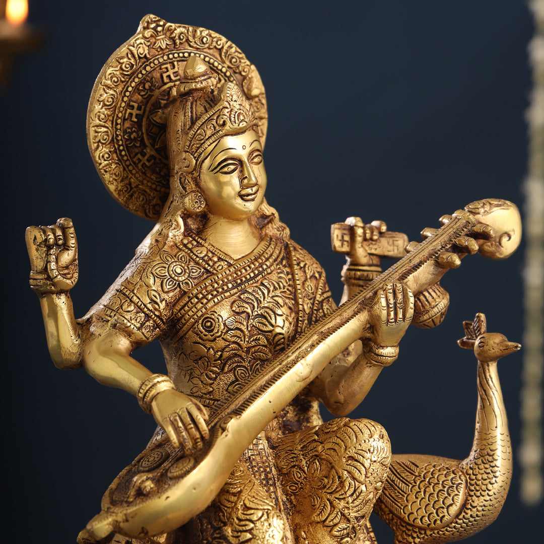 Brass Goddess Saraswati With Peacock Figurine (15 Inch)