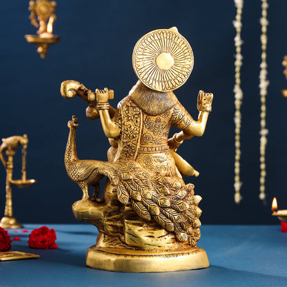 Brass Goddess Saraswati With Peacock Figurine (15 Inch)
