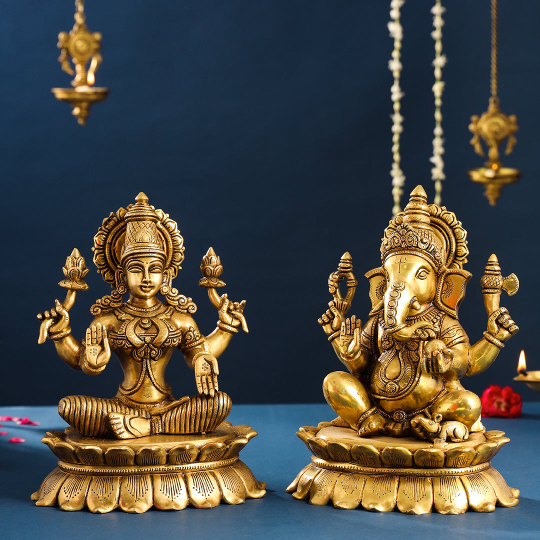 Brass Superfine Ganesha And Lakshmi Idols Set (11 Inch)