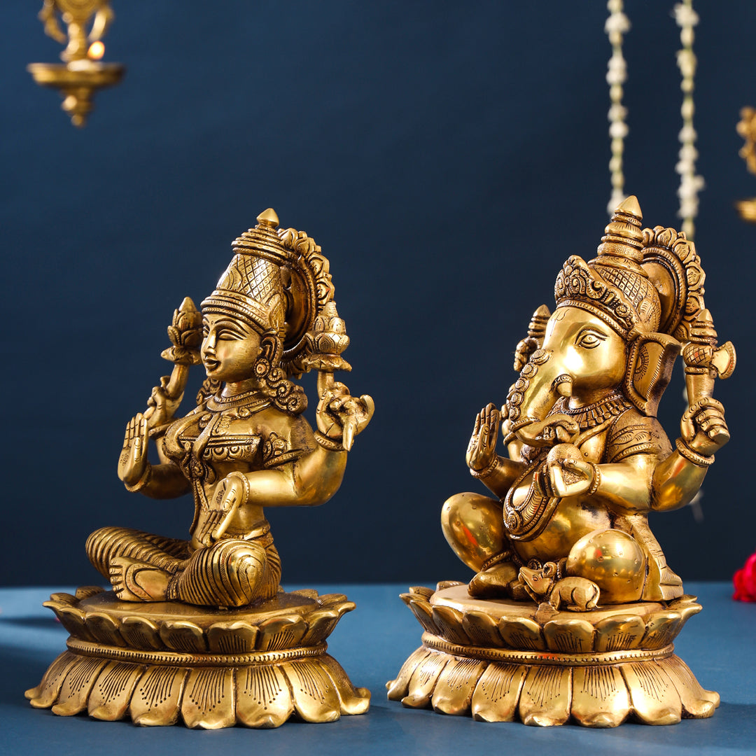 Brass Superfine Ganesha And Lakshmi Idols Set (11 Inch)