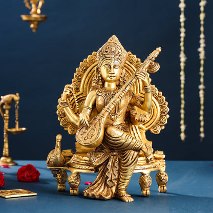 Brass Goddess Saraswati Idol (15 Inch)