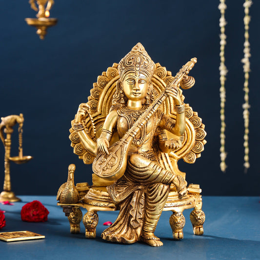 Brass Goddess Saraswati Idol (15 Inch)