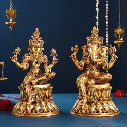 Brass Ganesha And Lakshmi Idols Set (14.8 Inch)