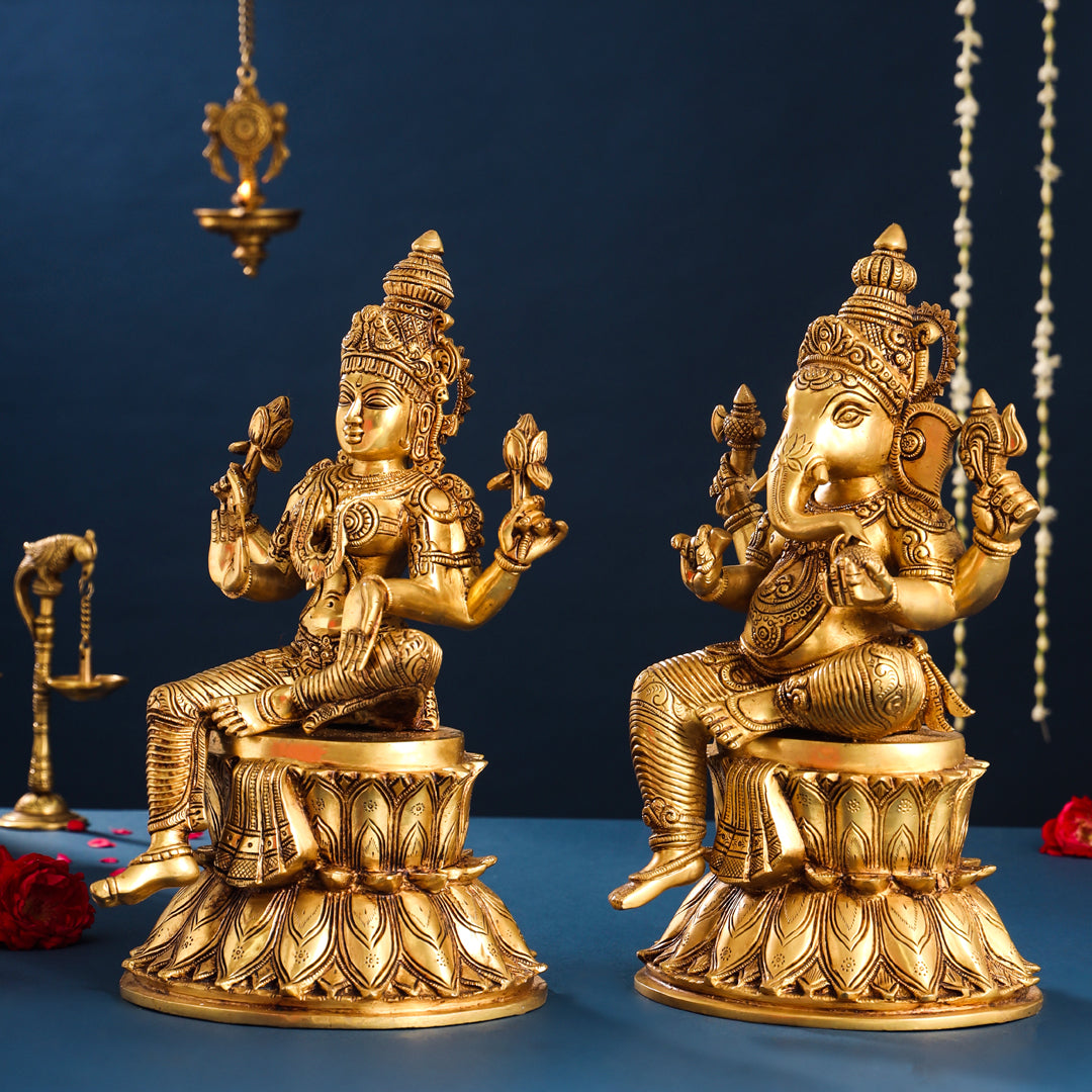 Brass Ganesha And Lakshmi Idols Set (14.8 Inch)