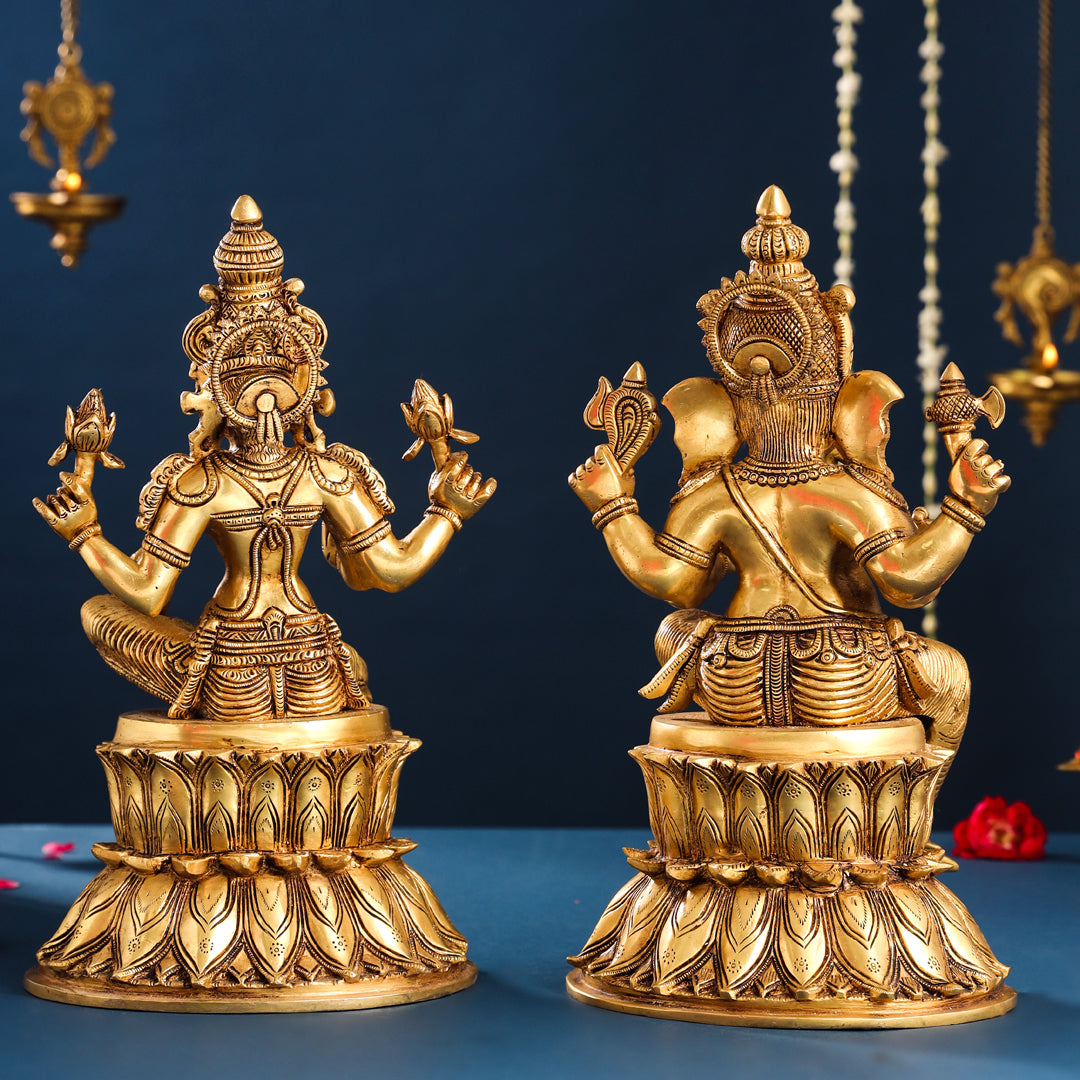 Brass Ganesha And Lakshmi Idols Set (14.8 Inch)