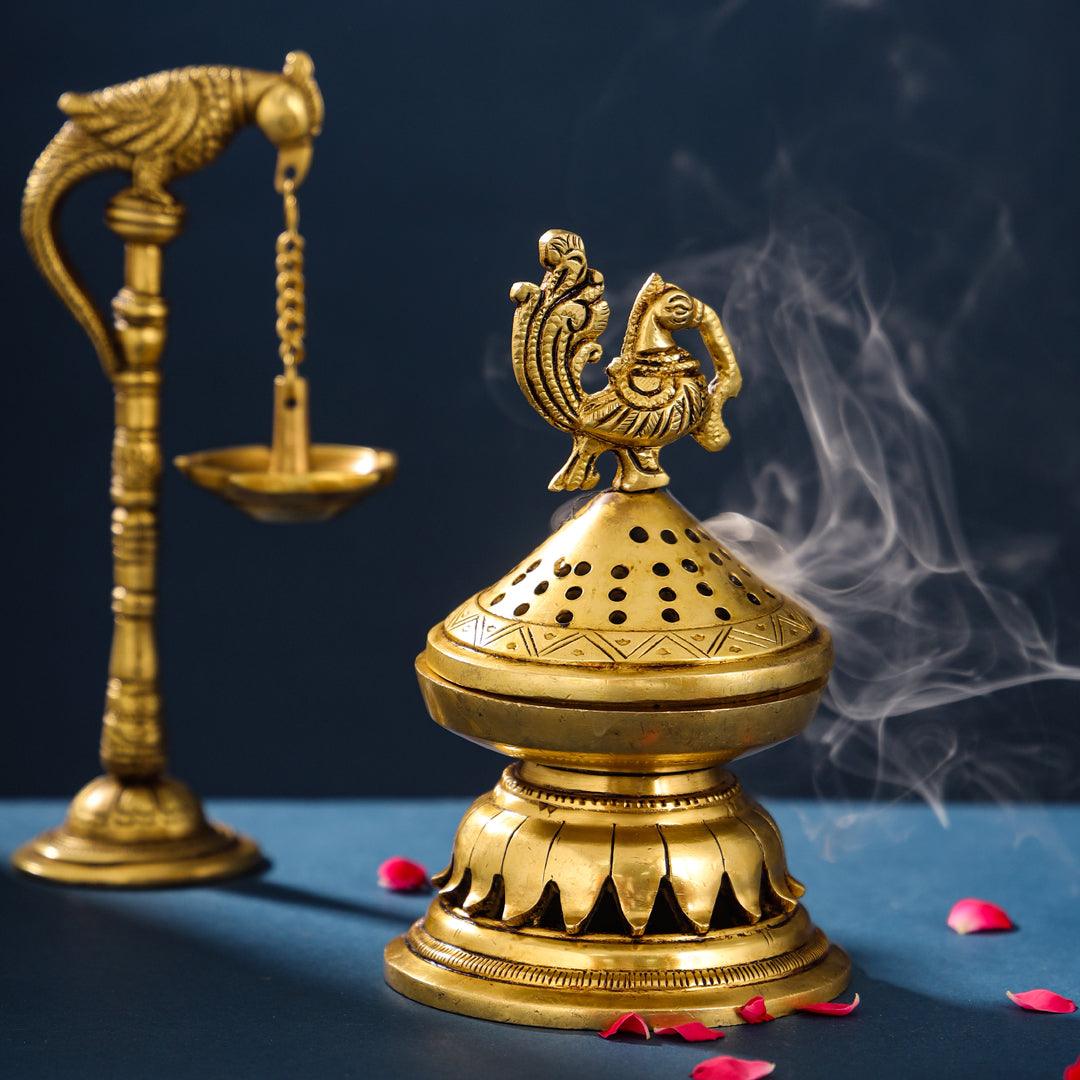Brass Peacock Dhoop Dani & Incense Holder (6.5 Inch)