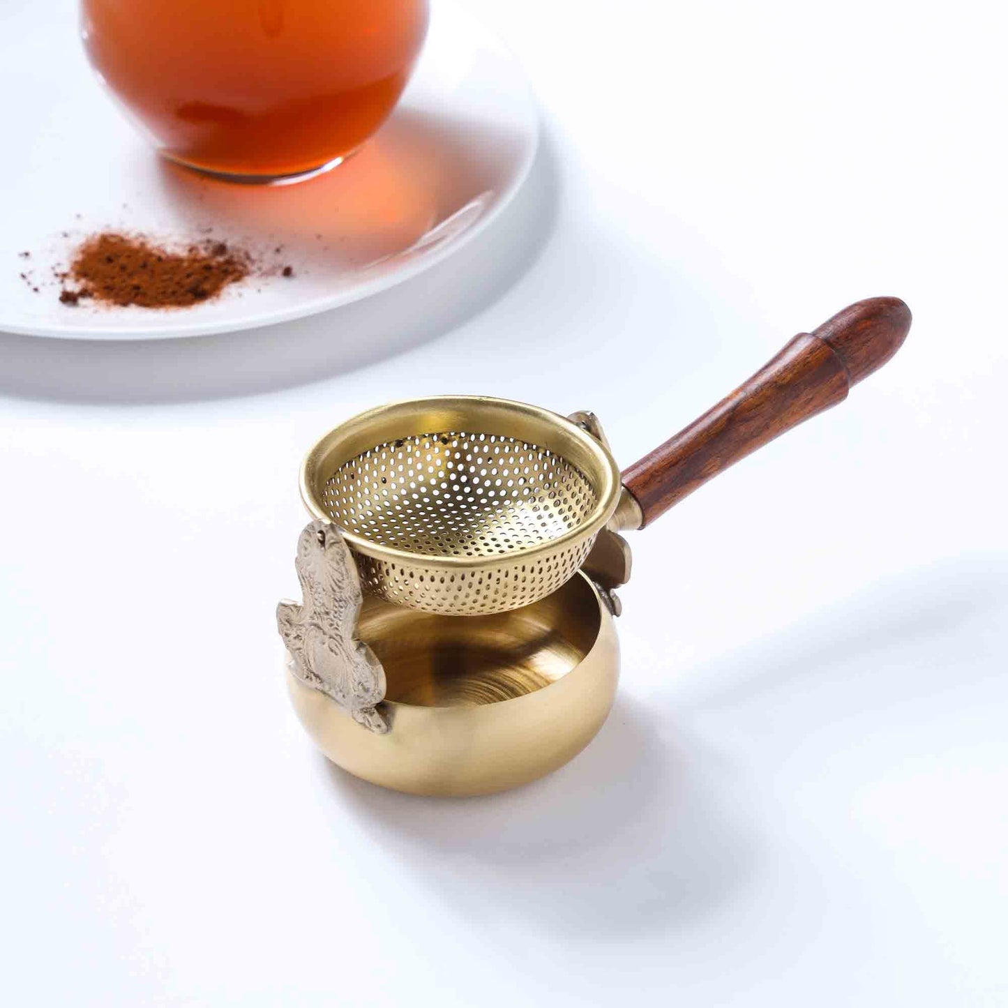 Brass Swing Tea Strainer With Wooden Handle (6 Inch)
