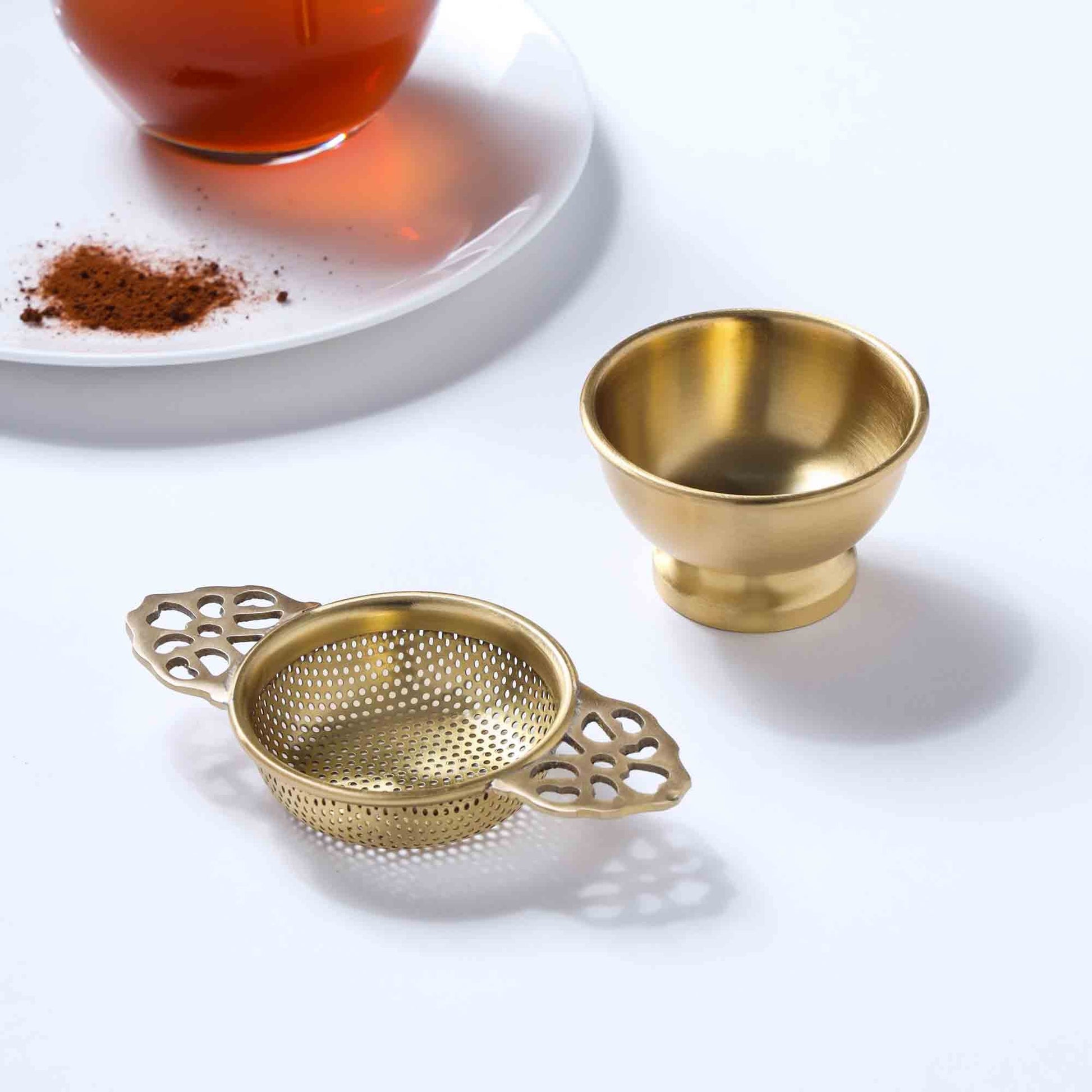 Brass Double Leaf Tea Strainer With Bowl (1.5 Inch)