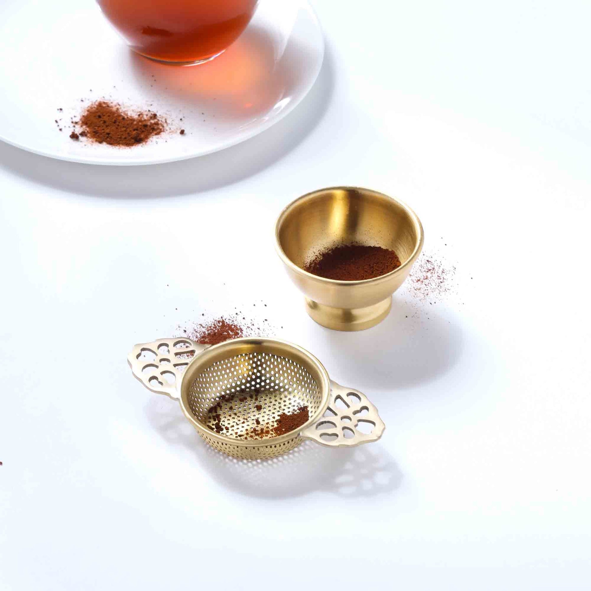 Brass Double Leaf Tea Strainer With Bowl (1.5 Inch)