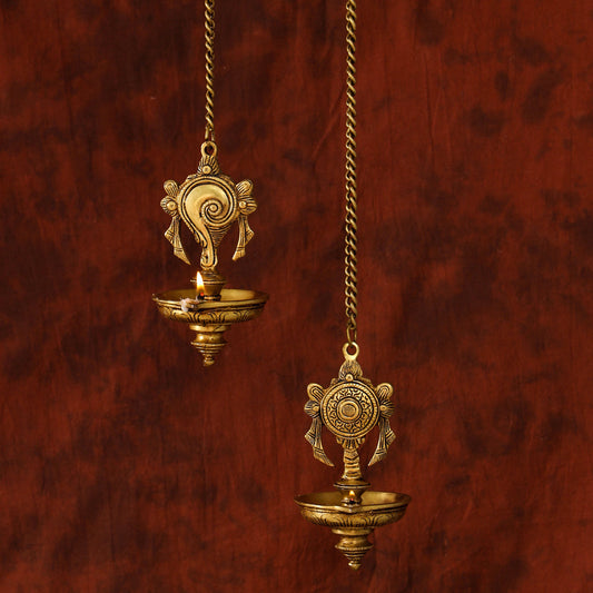 Brass Hanging Shankh And Chakra Diya Set (23 Inch)