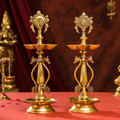 Brass Shankh Chakra Diya/Lamp Set (15.5 Inch)