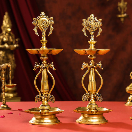 Brass Shankh Chakra Diya/Lamp Set (15.5 Inch)