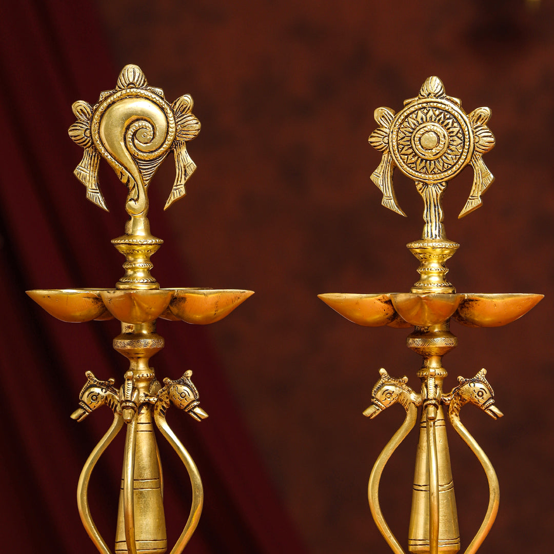 Brass Shankh Chakra Diya/Lamp Set (15.5 Inch)