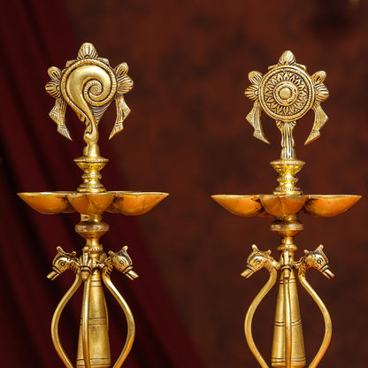Brass Shankh Chakra Diya/Lamp Set (15.5 Inch)