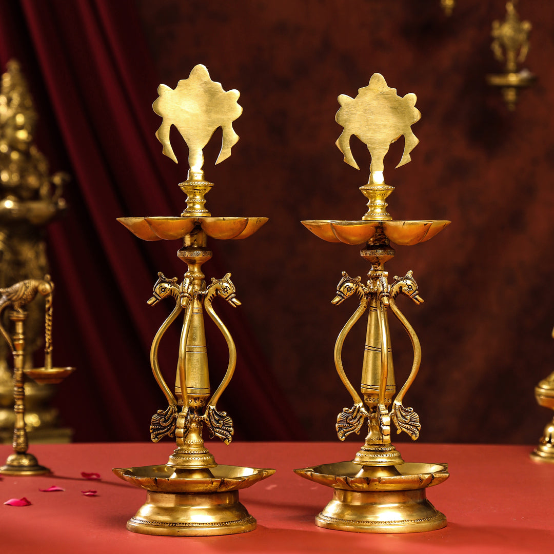 Brass Shankh Chakra Diya/Lamp Set (15.5 Inch)