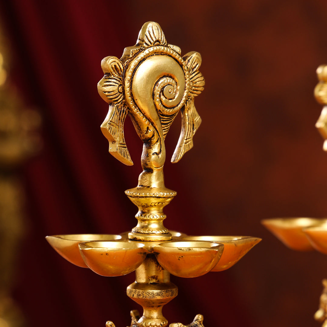 Brass Shankh Chakra Diya/Lamp Set (15.5 Inch)