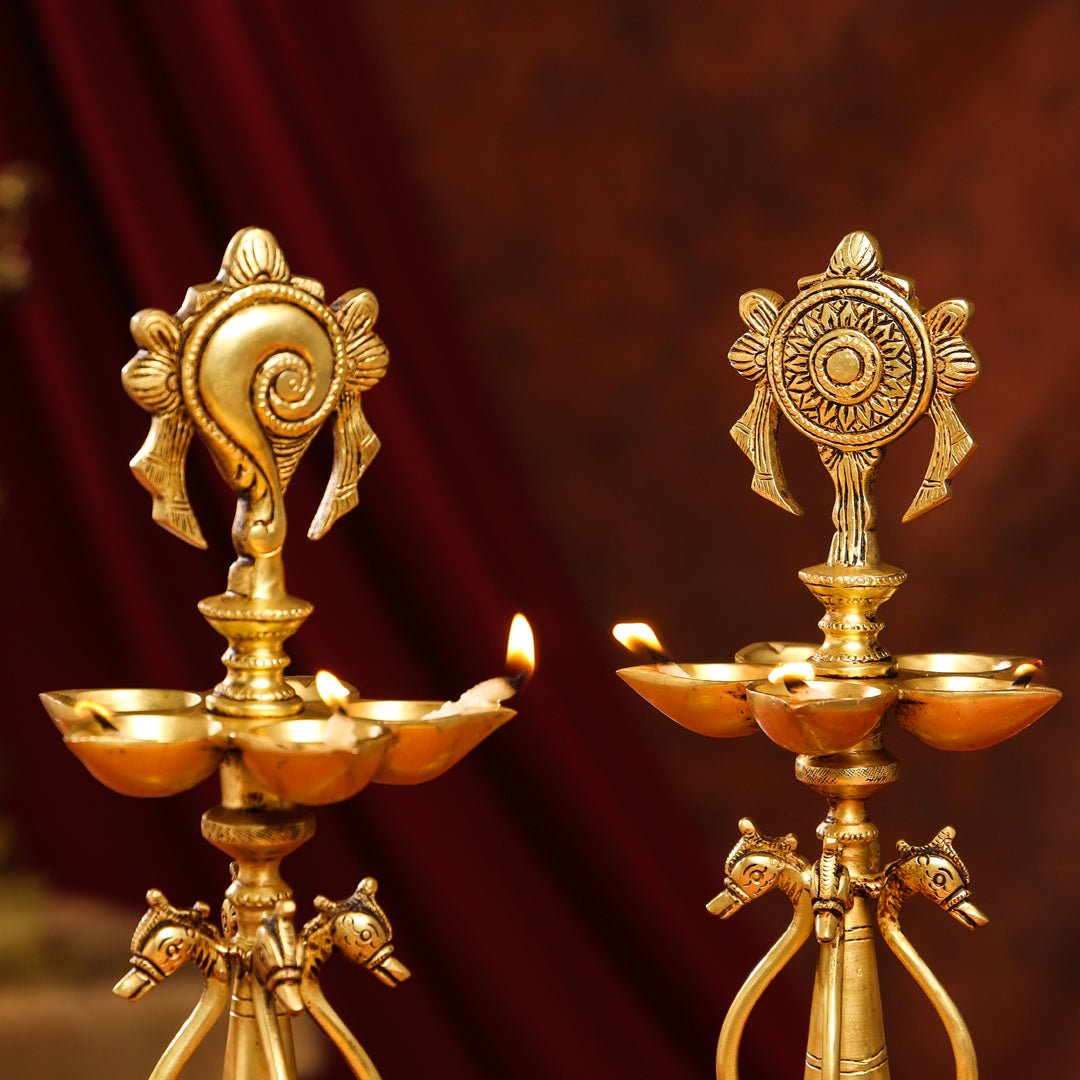 Brass Shankh Chakra Diya/Lamp Set (15.5 Inch)