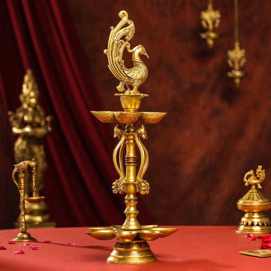 Brass Twelve Petal Peacock Long Lamp (20 Inch)