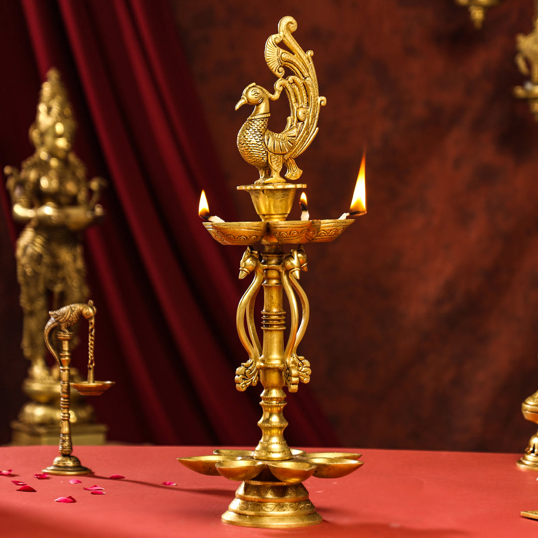 Brass Twelve Petal Peacock Long Lamp (20 Inch)