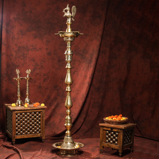 Brass Peacock Mahabharat Lamp (65 Inch)